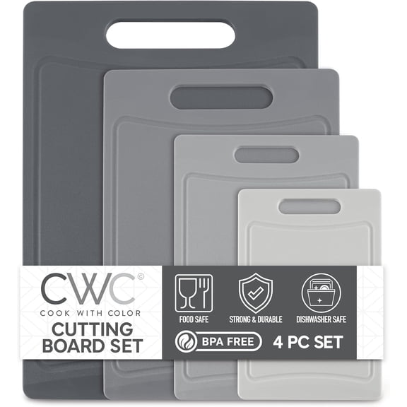 COOK WITH COLOR Non-Slip Cutting Board Set – Kitchen Essentials with Easy Grip Handle for Meat, Veggies, and Fruits, 4 Cutting Boards, Gray