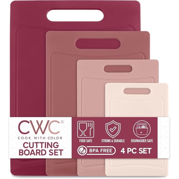 COOK WITH COLOR Non-Slip Cutting Board Set – Kitchen Essentials with Easy Grip Handle for Meat, Veggies, and Fruits, 4 Cutting Boards, Rose