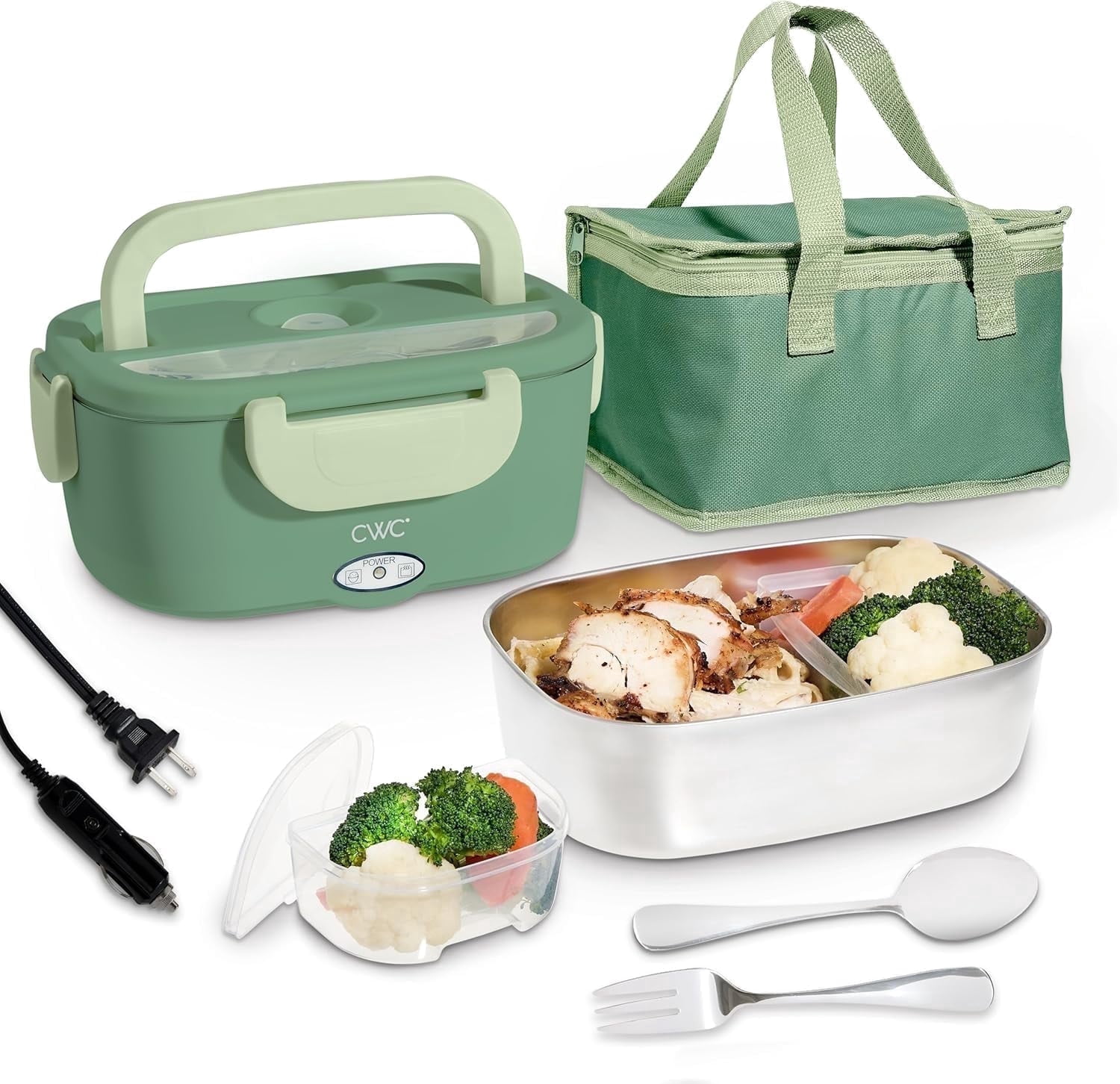 Cook With Color Heated Lunch Box Electric Food Warmer for Adults, Leakproof Insulated Portable Bento Box, 1.5L Green