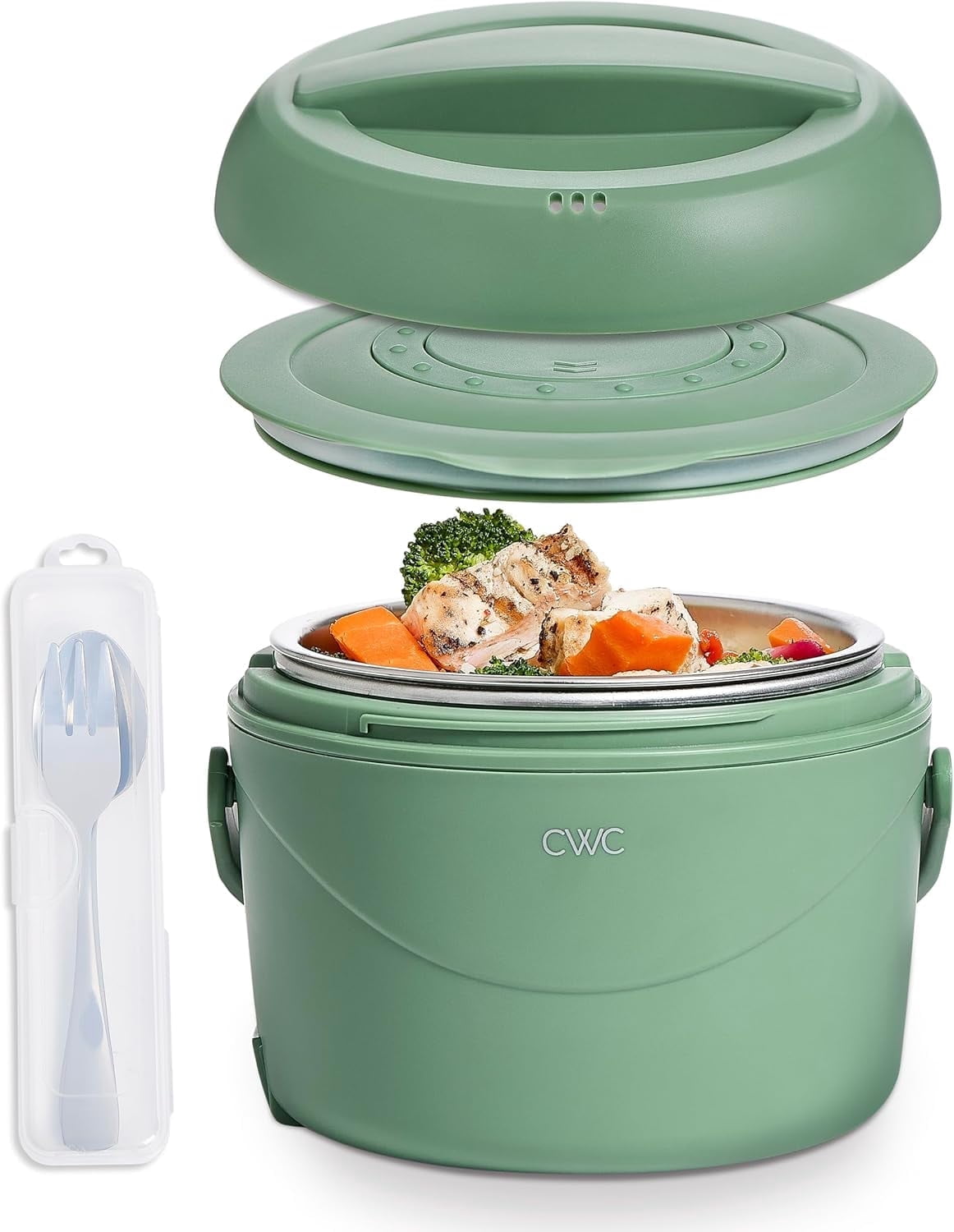 Cook With Color Heated Lunch Box Electric Food Warmer, Round 1.1L Portable Bento Box for Adults, Sage