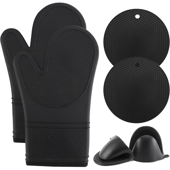 COOK WITH COLOR Silicone Oven Mitts and Pot Holderss Set with Soft Quilted Lining, Black, 6-Piece