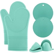 COOK WITH COLOR Silicone Oven Mitts and Pot Holders Set with Soft Quilted Lining, Mint, 6-Piece