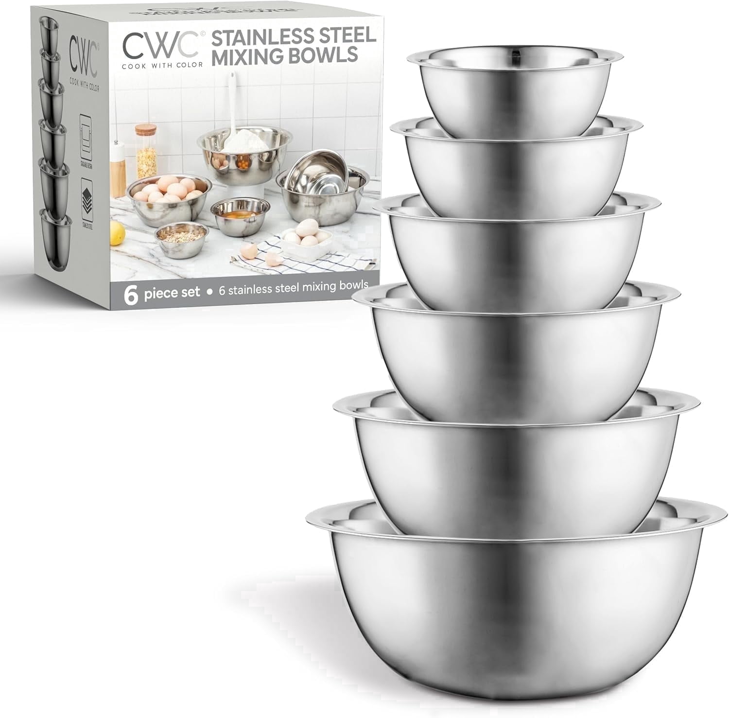 COOK WITH COLOR Mixing Bowls Set of 6, Stainless Steel Mixing