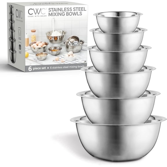 COOK WITH COLOR Stainless Steel Nesting Mixing Bowls Set for Kitchen, Silver, 6-Piece