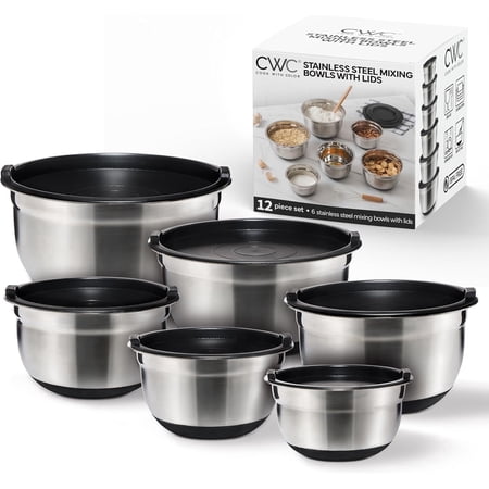 COOK WITH COLOR Stainless Steel Mixing Bowls Set with Lids - Nesting Bowls with Non-Slip Bottom, Black, 12 Pieces