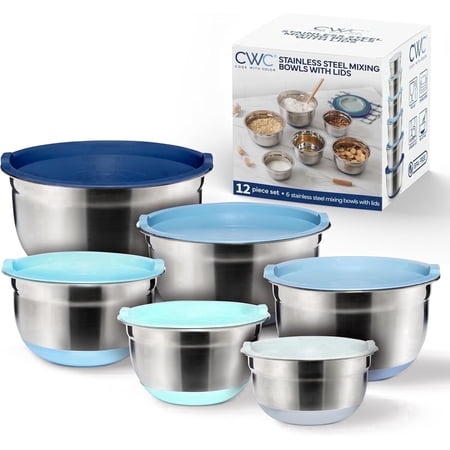 COOK WITH COLOR Stainless Steel Nesting Mixing Bowls Set with Lids & Non-Slip Bottom, Blue, 12-Piece