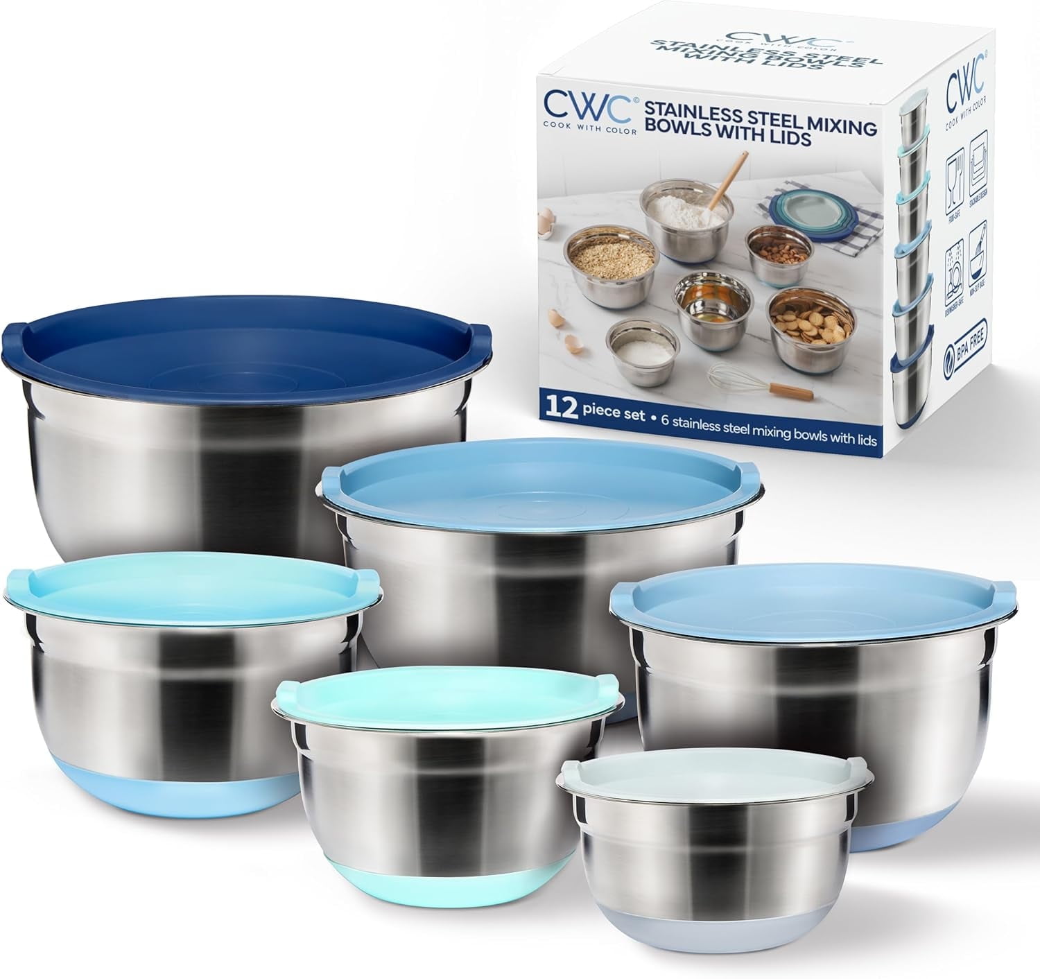 COOK WITH COLOR Stainless Steel Mixing Bowls Set with Lids - Nesting Bowls with Non-Slip Bottom, Blue, 12 Pieces - Walmart.com