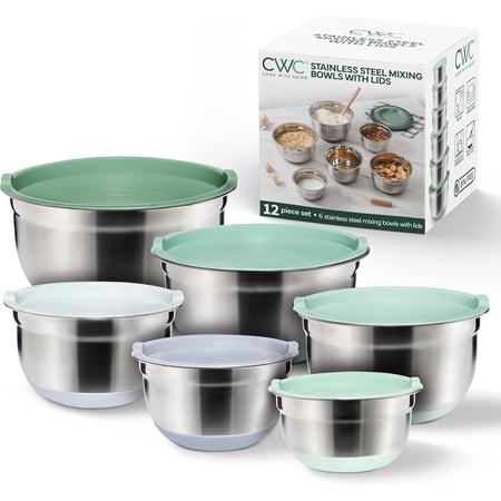COOK WITH COLOR Stainless Steel Mixing Bowls Set with Lids - Nesting Bowls with Non-Slip Bottom, Sage, 12 Pieces