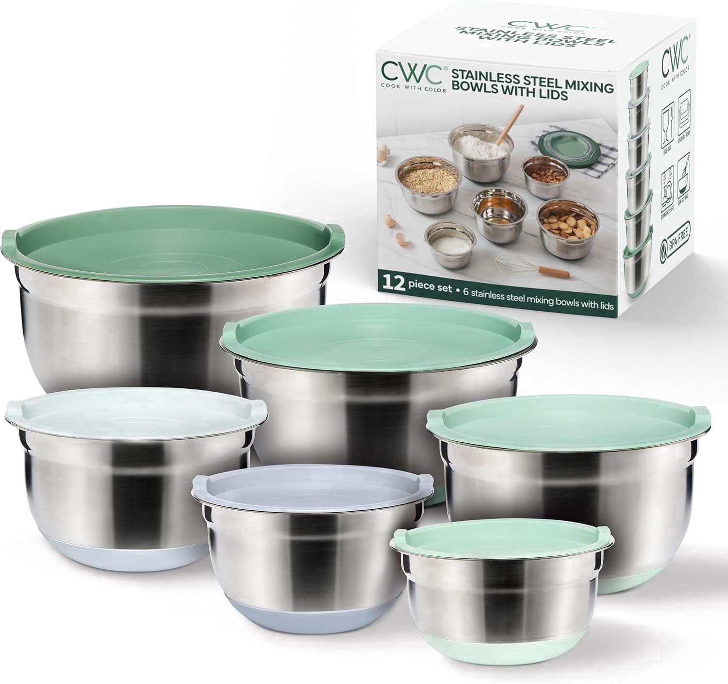 COOK WITH COLOR Stainless Steel Mixing Bowls Set with Lids, 12 Pk