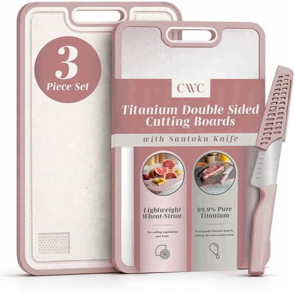 COOK WITH COLOR Titanium Cutting Boards for Kitchen, 3 Pc Cutting Board Set with Knife, Double Sided Food Grade, Pure Titanium, Easy to Clean