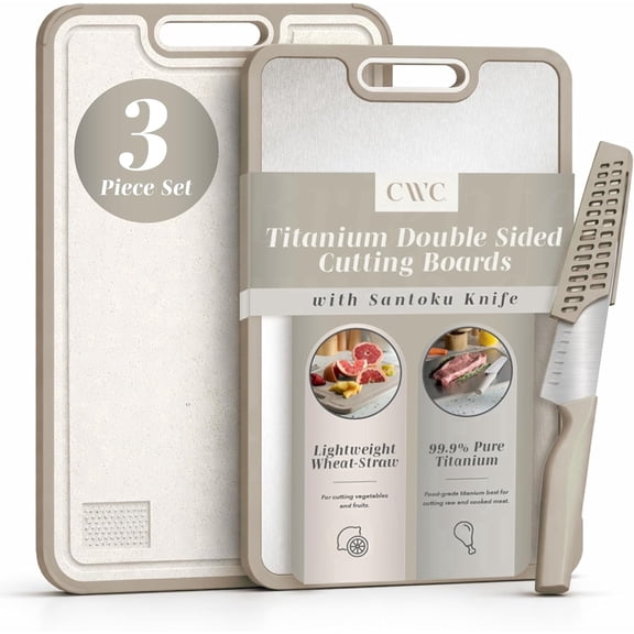 COOK WITH COLOR Titanium Cutting Boards for Kitchen, 3 Pc Cutting Board Set with Knife, Double Sided Food Grade, Pure Titanium, Easy to Clean
