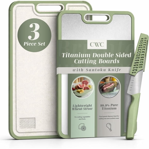 COOK WITH COLOR Titanium Cutting Boards for Kitchen, 3 Pc Cutting Board Set with Knife, Double Sided Food Grade, Pure Titanium, Easy to Clean