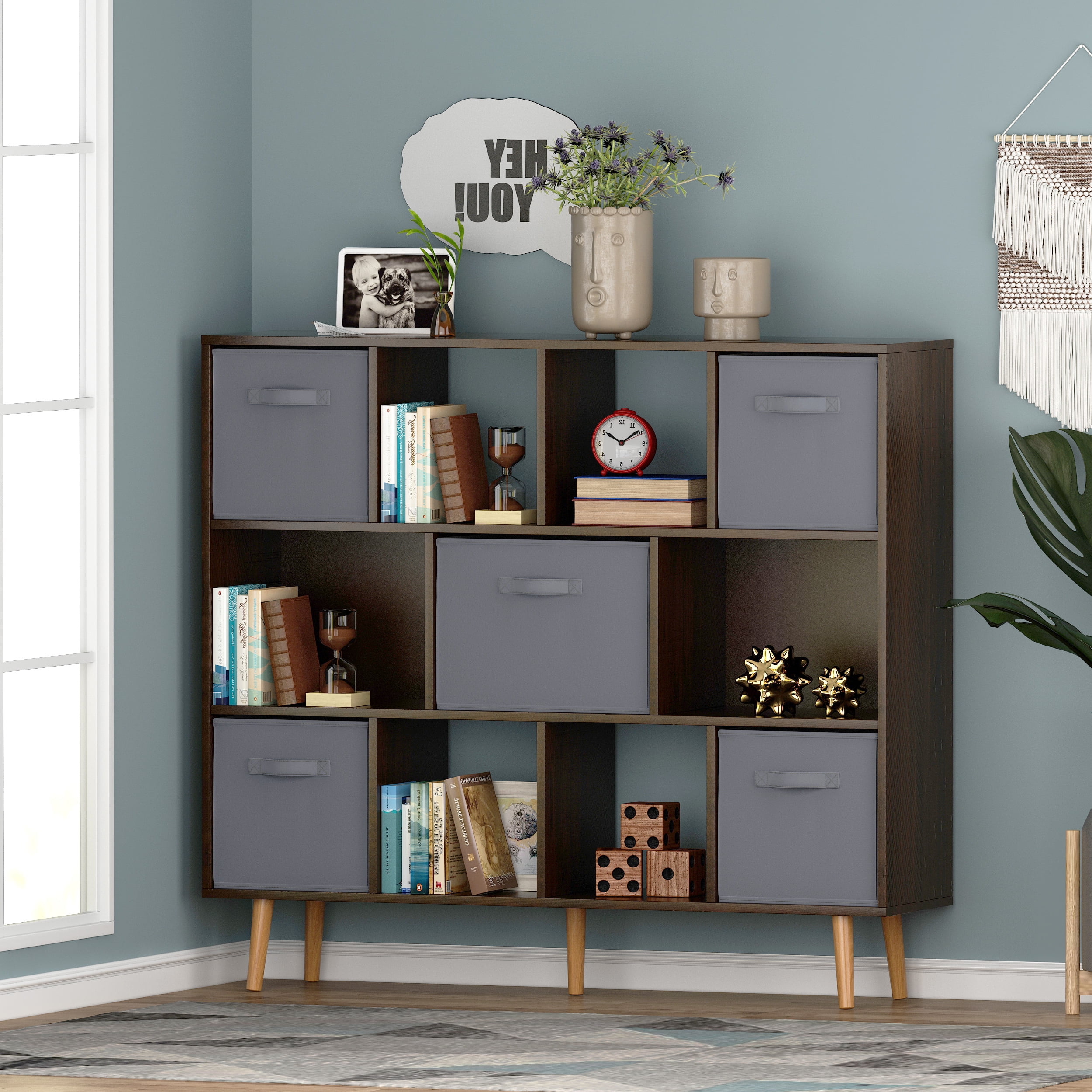 COOKCOK 11Cube Storage Organizer, Bookshelf with Storage Bins, 4 Tier