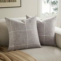 COOKCOK 2 Packs Grid Embroidery Throw Pillow Covers, 18x18 Inch Taupe, Farmhouse Cotton Linen Decorative Light Brown Cushion Covers for Sofa Bed Living Room Home Decor