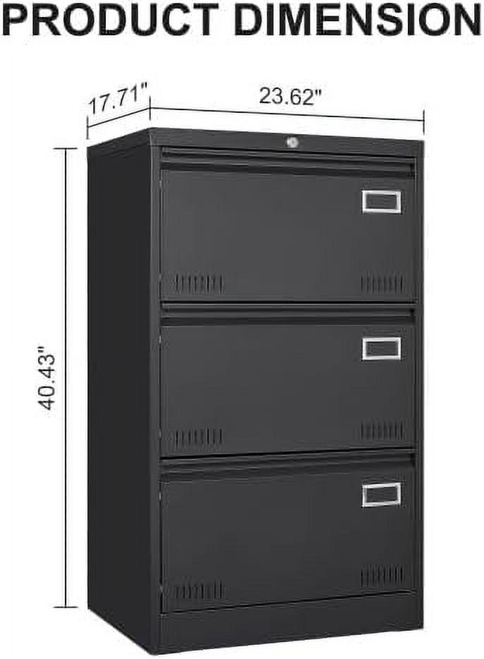 Black 3-Drawer Lockable Metal Lateral File Cabinet