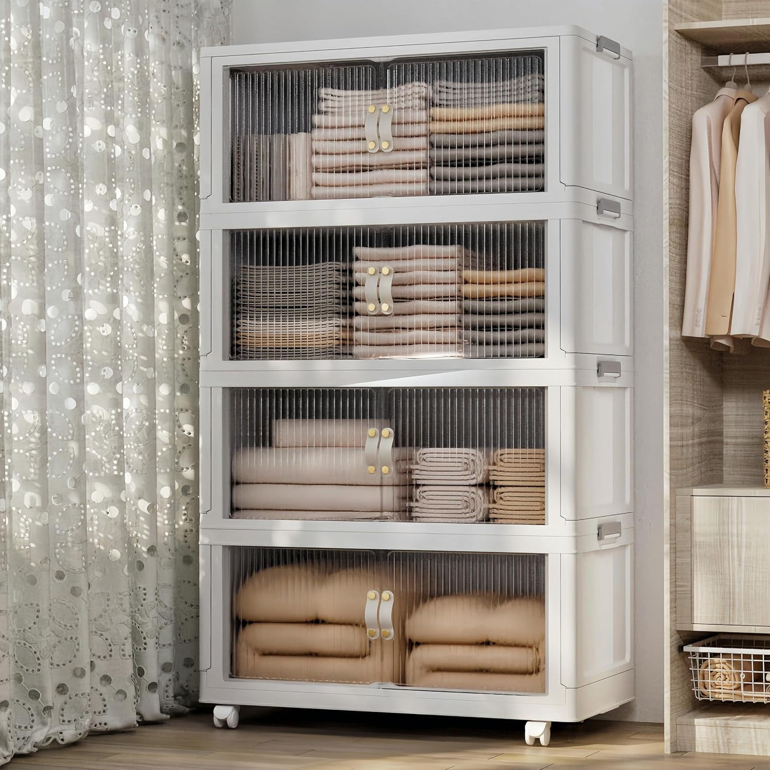 COOKCOK, 4Pack Transparent Stackable Storage Bins with 5 Doors to Open