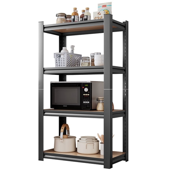 COOKCOK 4-Tier Storage Shelving, Heavy Duty Adjustable Metal Shelf, Wooden Board, 23.6" x 11.8" x 46" Utility Storage Rack for Kitchen, Pantry, Basement, Bathroom, Laundry, Warehouse, Black