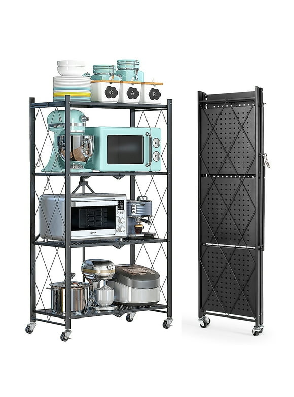 COOKCOK 4-Tier Storage Shelving Unit, Metal Shelf, Foldable Storage Shelf with Wheels, 27.9"x13.4"x49.72" Garage Shelf, Metal Storage Rack, Kitchen Shelf with 4 Hooks, No Assemble Require