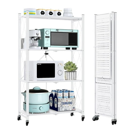 COOKCOK 4-Tier Storage Shelving Unit, Metal Shelf, Foldable Storage Shelf with Wheels, 27.9"x13.4"x49.72" Garage Shelf, Kitchen Shelf with 4 Hooks, No Assemble Require, White