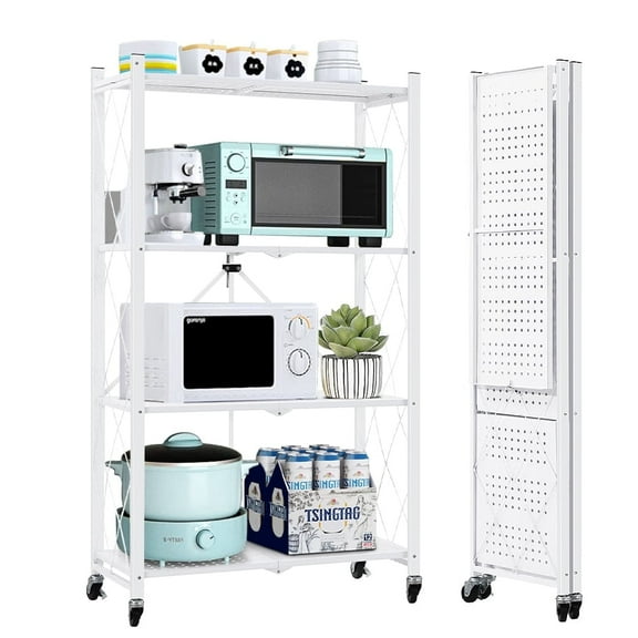 COOKCOK 4-Tier Storage Shelving Unit, Metal Shelf, Foldable Storage Shelf with Wheels, 27.9"x13.4"x49.72" Garage Shelf, Kitchen Shelf with 4 Hooks, No Assemble Require, White