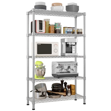 COOKCOK 5-Tier Wire Shelving Unit, 35.43" x 13.78" x 70.87" Adjustable Heavy Duty Steel Wire Rack Storage Shelving Organizer for Kitchen, Garage, Metal Shelf, Silver