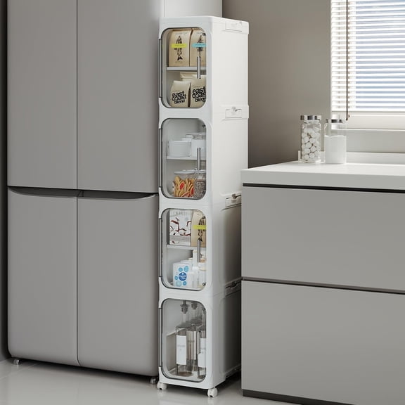 COOKCOK 4-Tier Tall Narrow Storage Cabinet, Slim Bathroom Storage Cabinet with Adjustable Shelves and Wheels, Narrow Organizer for Small Space, Bathroom, Kitchen, Laundry, White