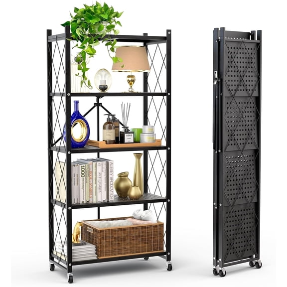 COOKCOK 5-Tier Foldable Storage Shelf with Wheels, 26.5" W x 13.25" D x 58" H Metal Collapsible Organizer Rack, No Assembly Heavy Duty Rolling Cart for Kitchen, Pantry, Books, Office, Black