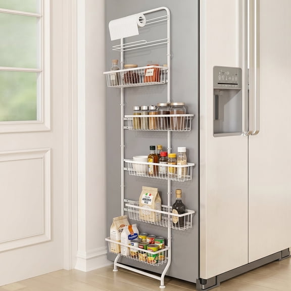 COOKCOK 5-Tier Slim Refrigerator Side Storage Rack, Narrow Space-Saving Gap Storage Shelf with Sliding Baskets, Paper Towel Holder & 4 Hooks for Kitchen, Bathroom, Laundry, White