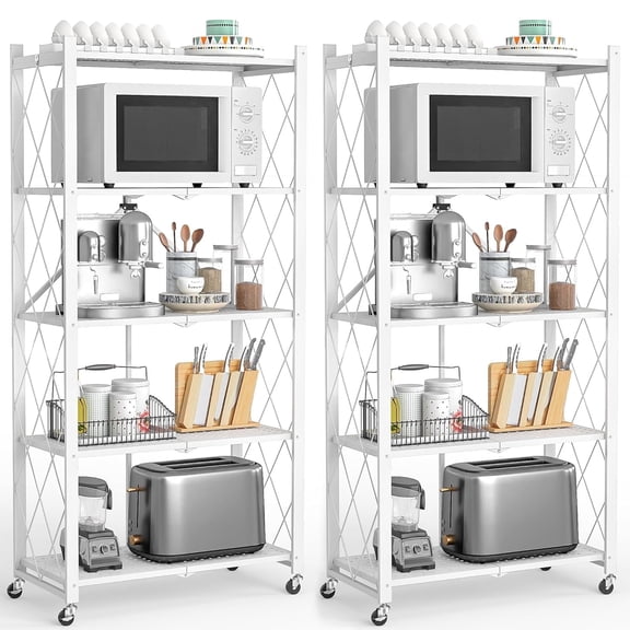 COOKCOK 5-Tier Storage Shelves, Foldable Shelving Units with Wheels, 27.9"x13.4"x62.5", Freestanding Wire Shelf Rack with Hooks, No Assembly Organizer Rack for Garage Kitchen, White (Pack of 2)