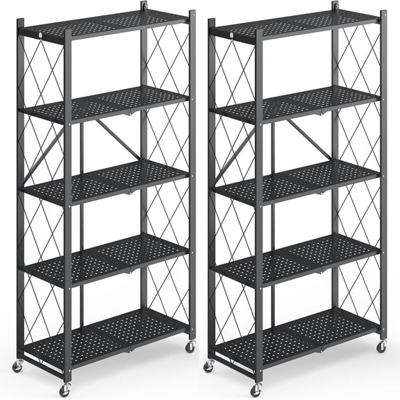 COOKCOK 5-Tier Storage Shelves, Foldable Shelving Units with Wheels, 27.9"x13.4"x62.5", Freestanding Wire Shelf Rack with Hooks, No Assembly Organizer Rack for Garage Kitchen, Black (Pack of 2)