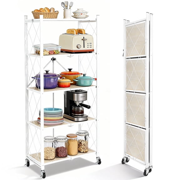 COOKCOK 5-Tier Storage Shelving Unit, Folding Bookshelf, Metal Shelf 27.9"x13.4"x62.5, Foldable Storage Shelf with Wheels, Garage Shelf, Kitchen Shelf, No Assemble Require, White