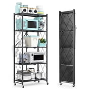 COOKCOK 5-Tier Storage Shelving Unit, Metal Shelf 27.9x13.4x62.5, Foldable Storage Shelf with Wheels, Garage Shelf, Metal Storage Rack, Kitchen Shelf with 4 Hooks, No Assemble Require