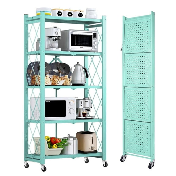 COOKCOK 5-Tier Storage Shelving Unit, Metal Shelf 27.9"x13.4"x62.5, Foldable Storage Shelf with Wheels, Garage Shelf, Metal Storage Rack, Kitchen Shelf with 4 Hooks,No Assemble Require,Blue