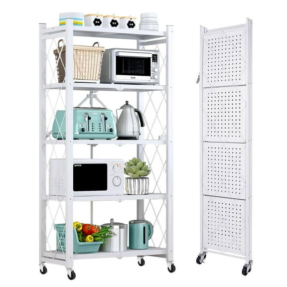 COOKCOK 5-Tier Storage Shelving Unit, Metal Shelf 27.9"x13.4"x62.5, Foldable Storage Shelf with Wheels, Garage Shelf, Metal Storage Rack, Kitchen Shelf with 4 Hooks, No Assemble Require, White