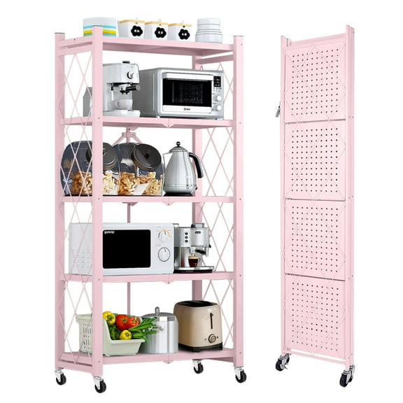 COOKCOK 5-Tier Storage Shelving Unit, Metal Shelf 27.9"x13.4"x62.5, Foldable Storage Shelf with Wheels, Garage Shelf, Kitchen Shelf with 4 Hooks, No Assemble Require, Pink