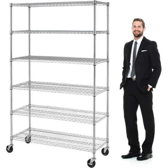 COOKCOK 6-Shelf Wire Shelving Unit, 46.06" x 17.71" x 81.88" Heavy Duty Steel Wire Rack, Adjustable Storage Shelving Rack with Wheels, Commercial Metal Shelf for Kitchen,Garage, Pantry, Silver