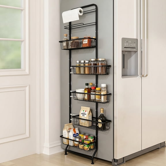 COOKCOK 5-Tier Slim Refrigerator Side Storage Rack, Narrow Space-Saving Gap Storage Shelf with Sliding Baskets, Paper Towel Holder & 4 Hooks for Kitchen, Bathroom, Laundry, Black