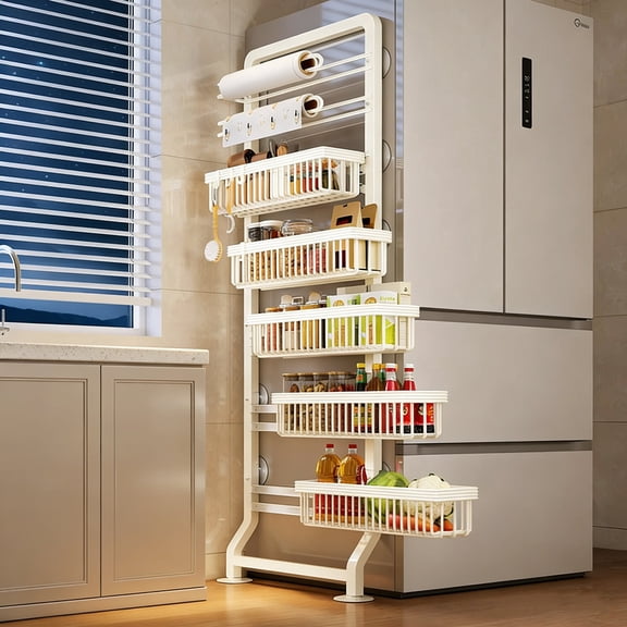 COOKCOK 7-Tier Slim Pull-Out Side Storage Rack, Narrow Storage Cabinet Organizer with Sliding Baskets & Hooks , Space-Saving Side Gap Shelving for Kitchen, Bathroom & Pantry, White