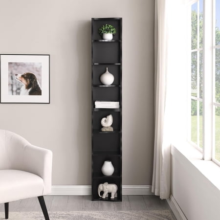 COOKCOK 8-Layer Adjustable Shelf Ultra-thin Bookshelf, Curved Wave Design Corner Bookshelf, Gray Wood, 71 Inch Tall, Modern Display Tower for Living Room, Black