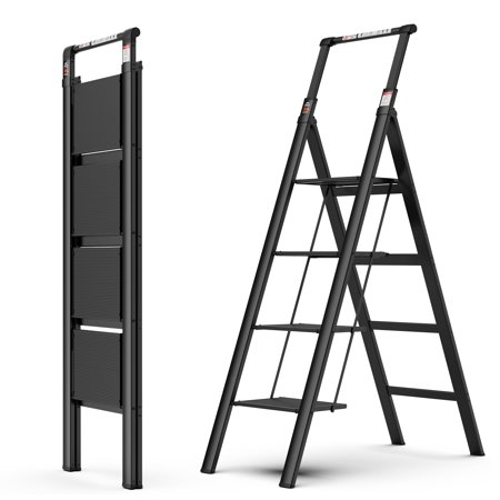 COOKCOK Aluminum 4 Step Ladder, Retractable Handgrip Folding Step Stool with Wide Anti-Slip Pedal, 300lbs Load Capacity, Black