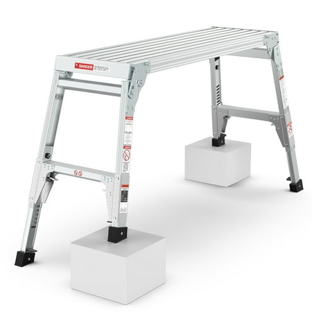 COOKCOK Aluminum Work Platform Folding Step Stool with Telescoping Feet 22" -27.5", 225lbs Large Capacity, Rubber Feet for Adult, Durable Portable Work Bench for Kitchen, Bedroom, Outdoor, Gray