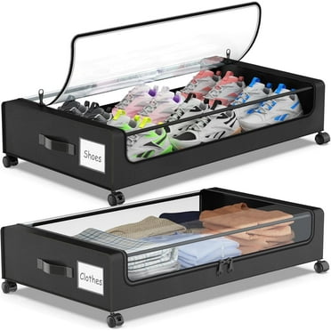 COOKCOK Under Bed Storage with Wheels, 2-Pack Underbed Storage Containers with Clear Lids & Label, Rolling Under the Bed Storage Bins, Rolling Metal Drawer for Clothes, Shoes, Toys, Books, Black