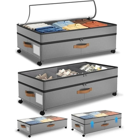 COOKCOK Under Bed Storage with Wheels, 72L XXL Under the Bed Storage Containers Large, 11‘’ Tall Adjustable Storage for Underbed with Lids, Rolling for Shoes, Clothes, Blankets, Grey