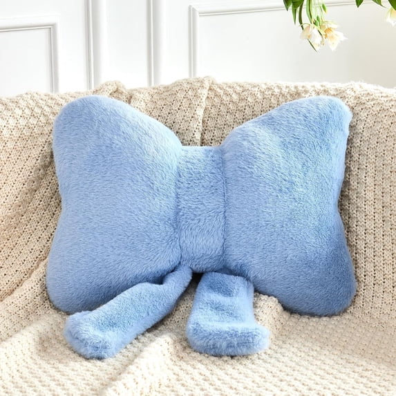 COOKCOK Bow Pillow, Soft Bow Decorative Throw Pillows with Faux Rabbit Fur, Cute 12" Bow Throw Pillows for Home Decor, Plush Pillow for Bedroom Sofa Couch, Blue