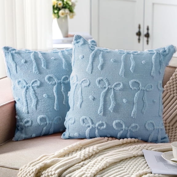 COOKCOK Bow Throw Pillow Covers 18x18 Set of 2 Decorative Pillow Covers Soft Plush Faux Wool Aesthetic Pillowcases Preppy Room Decor for Bed Sofa Couch Living Room, Blue