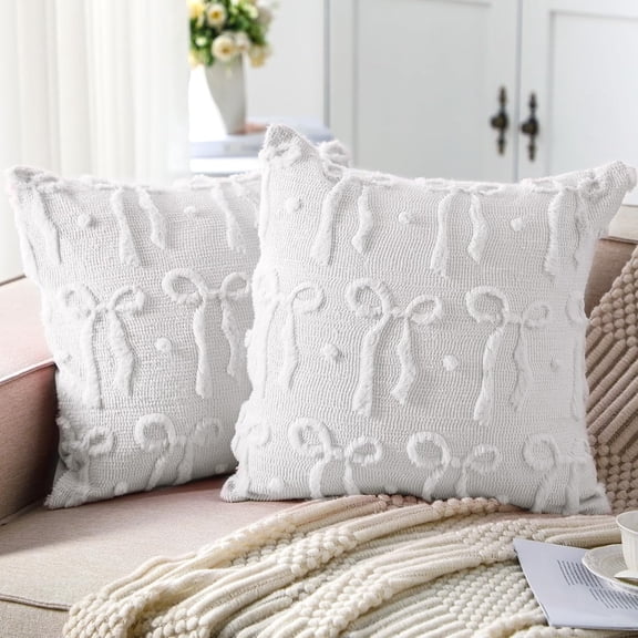 COOKCOK Bow Throw Pillow Covers 18x18 Set of 2 Decorative Pillow Covers Soft Plush Faux Wool Aesthetic Pillowcases Preppy Room Decor for Bed Sofa Couch Living Room, White