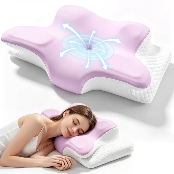 COOKCOK Cervical Neck Pillow for Pain Relief, Ergonomic Memory Foam Contour Pillow for Side, Back and Stomach Sleepers, Orthopedic Spine Support Bed Pillow with Breathable Washable Cover, Purple