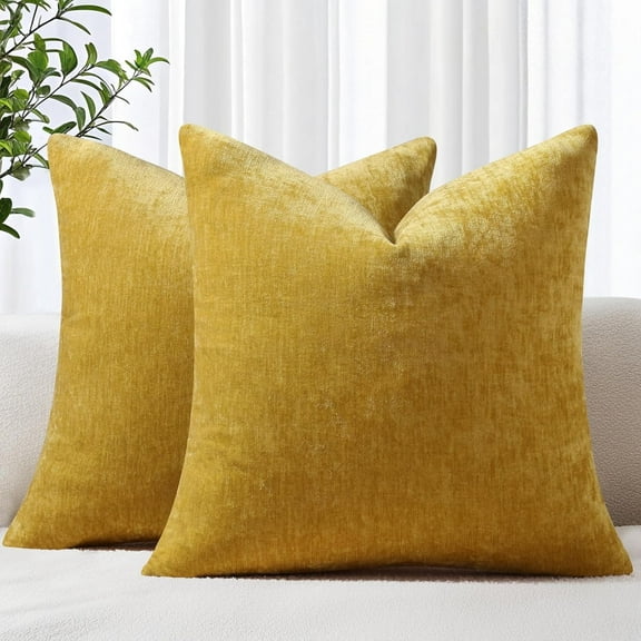 COOKCOK Chenille Black Throw Pillow Covers 18x18 Inch Set of 2, Decorative Soft Couch Pillow Covers Solid Dyed Accent Farmhouse Neutral Square Pillow Cases for Sofa Bed Living Room, Yellow