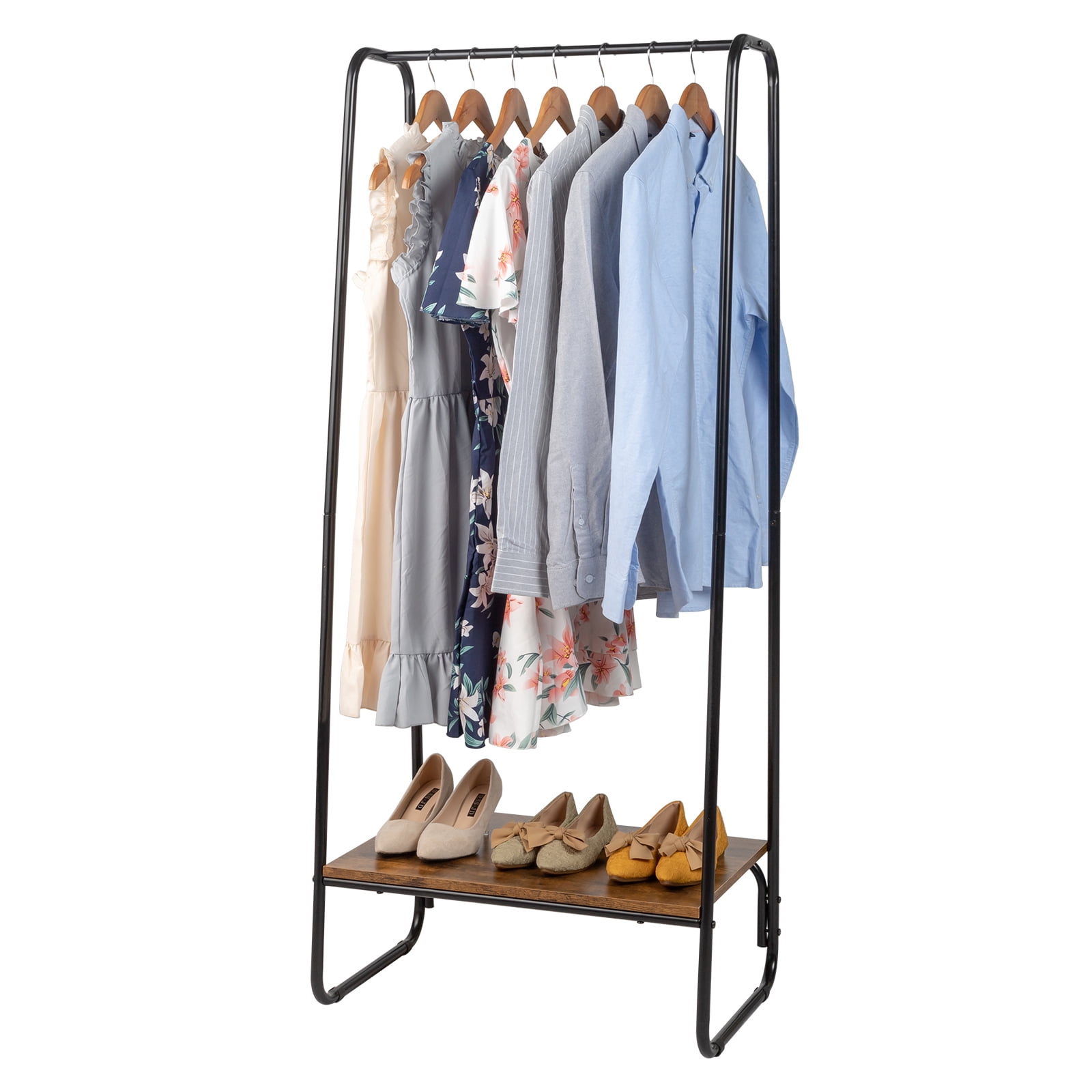 COOKCOK Clothes Rack for Hanging Clothes with Bottom Wood Shelf Freestanding Clothing Rack Easy to Assemble Garment Rack Metal Sturdy Small Space Storage Rack Brown Walmart