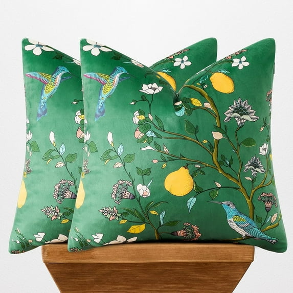 COOKCOK Dark Green Velvet Throw Pillow Covers 20x20 Pack of 2, Vintage Floral Pillow Covers, Mid Century Flower Plant Cushion Covers for Sofa Living Room Home Decor
